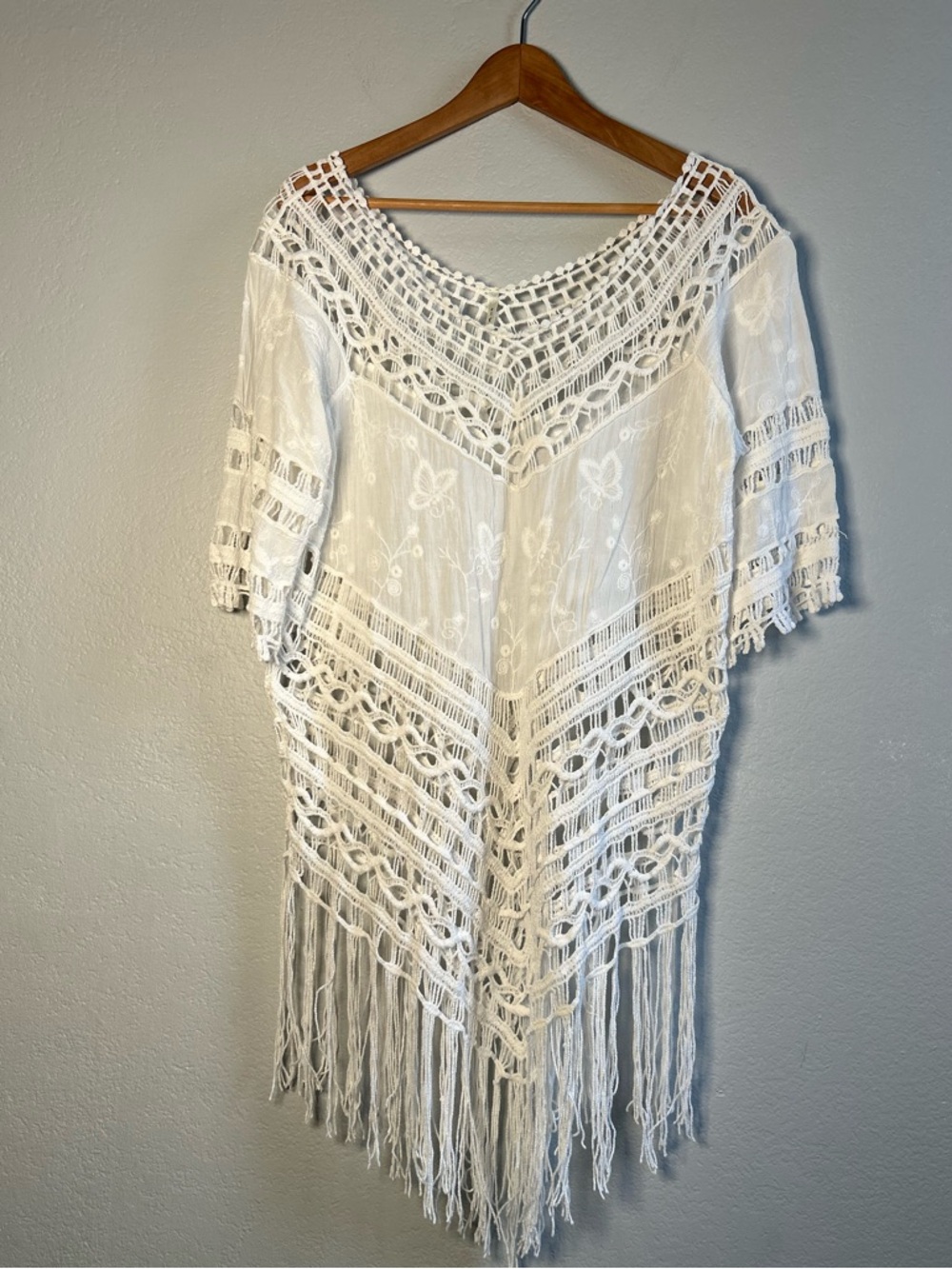 iRE Fashion White Crochet Fringe Tunic with butterfly detail sheer flowy